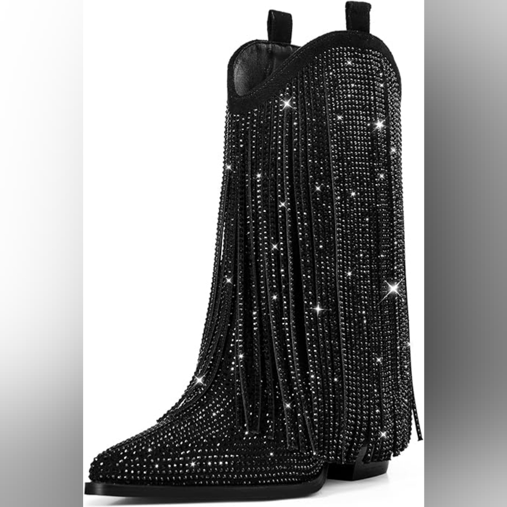 Beautiful Black Rhinestone Fringe Festival Boho Western Boots